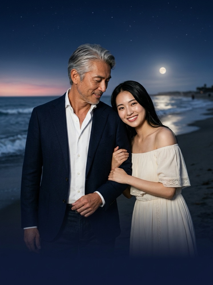 夜の浜辺で寄り添う大人の男女